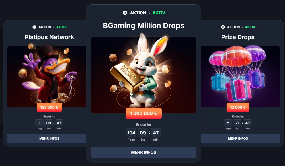Beef Casino Turniere mit BGaming Million Drops Platipus Network und Prize Drops