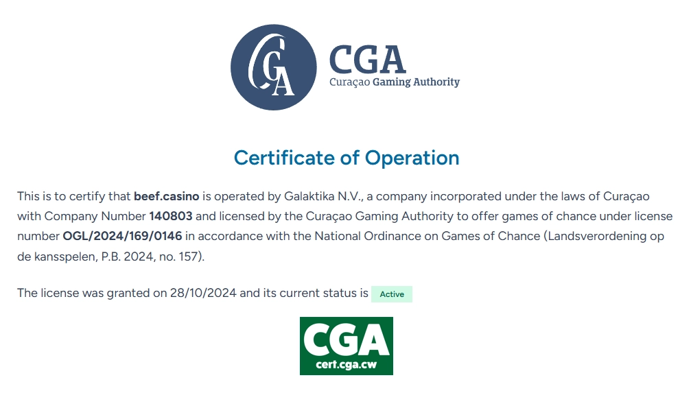 Beef Casino Lizenz der Curaçao Gaming Authority mit aktiver Betriebsgenehmigung